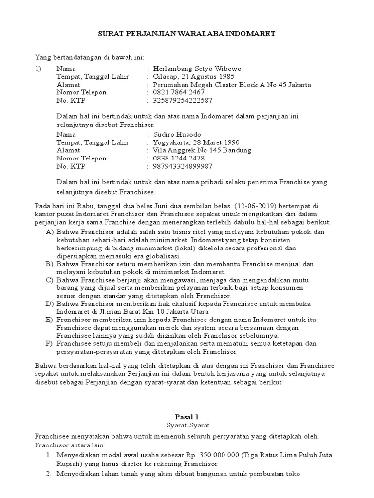 Detail Contoh Surat Perjanjian Waralaba Nomer 19