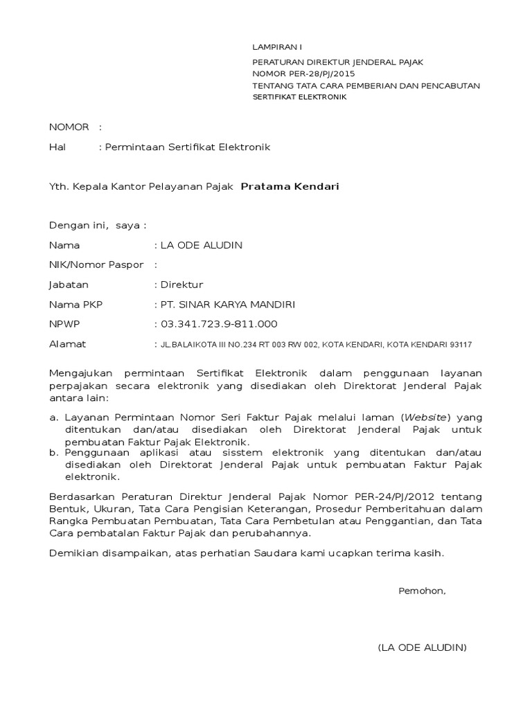 Detail Contoh Surat Permintaan Sertifikat Elektronik Pajak Nomer 12