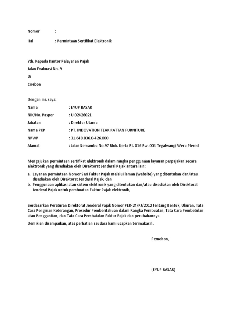 Detail Contoh Surat Permintaan Sertifikat Elektronik Pajak Nomer 10