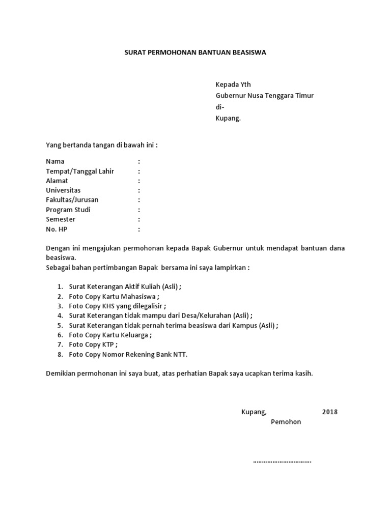 Detail Contoh Surat Permohonan Bantuan Beasiswa Nomer 6