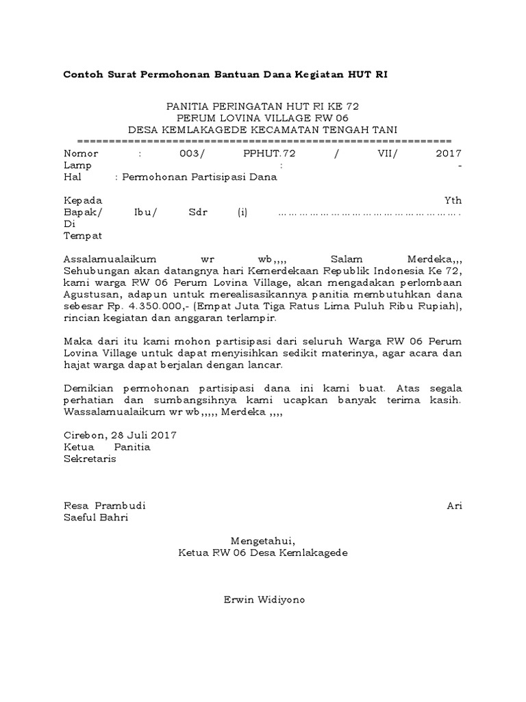 Contoh Surat Permohonan Bantuan Dana Kegiatan