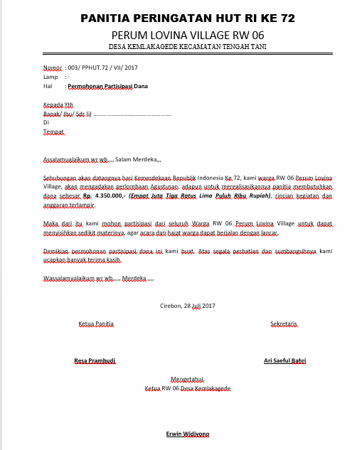 Contoh Surat Permohonan Bantuan Dana Kegiatan 17 Agustus - KibrisPDR