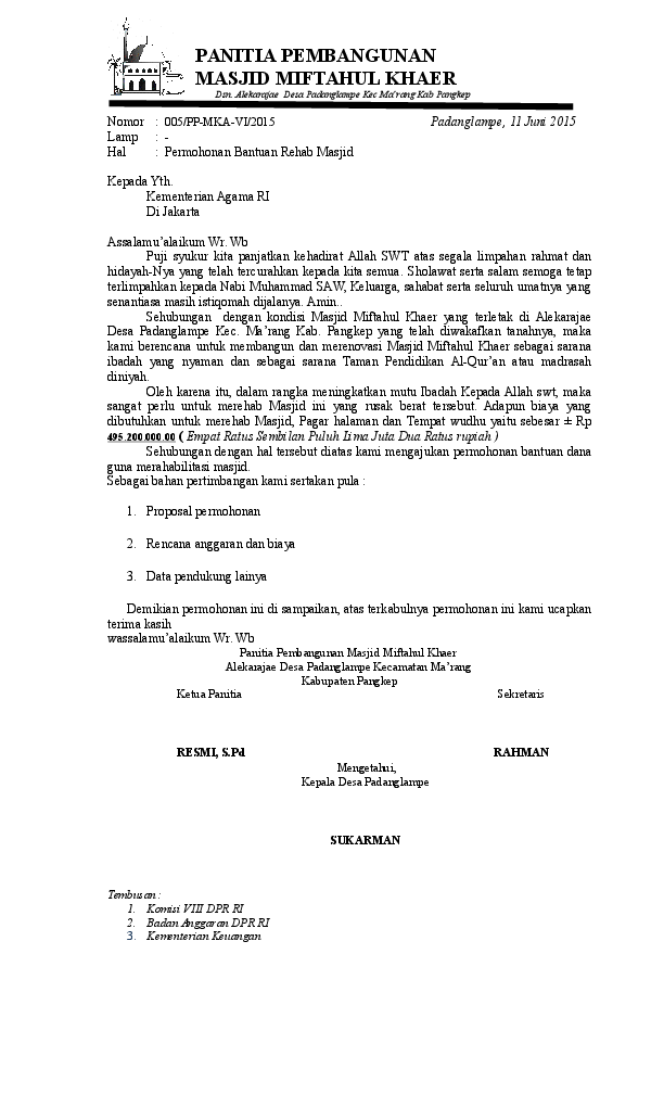 Detail Contoh Surat Permohonan Bantuan Dana Pembangunan Masjid Nomer 10