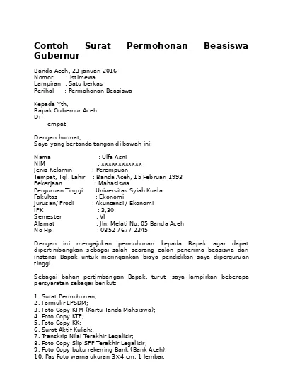 Detail Contoh Surat Permohonan Beasiswa Kepada Gubernur Nomer 11