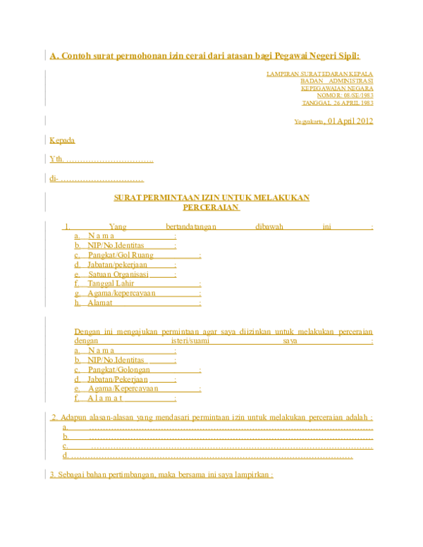 Detail Contoh Surat Permohonan Cerai Pns Nomer 38
