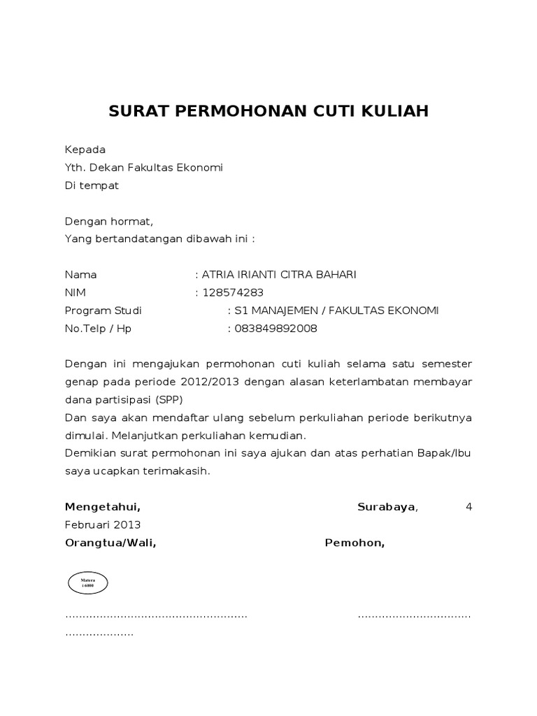 Detail Contoh Surat Permohonan Cuti Kuliah Nomer 12