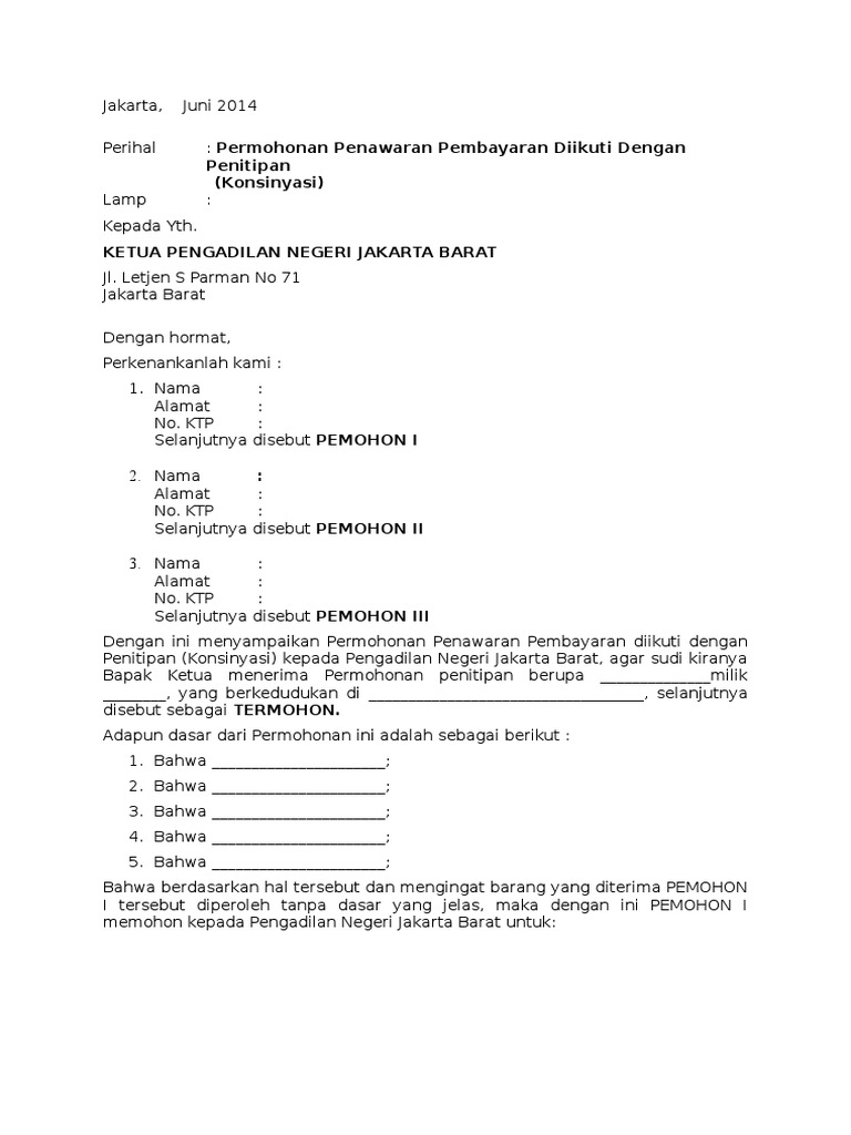 Contoh Surat Permohonan Konsinyasi Ke Pengadilan Negeri - KibrisPDR