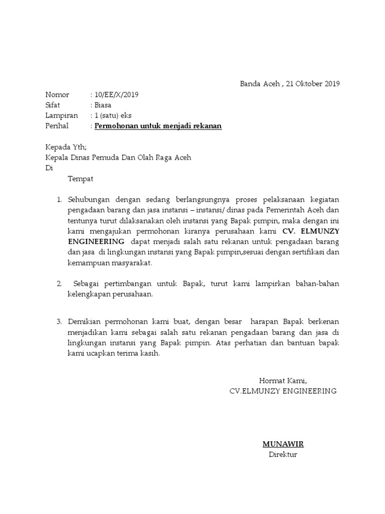 Detail Contoh Surat Permohonan Menjadi Rekanan Perusahaan Nomer 6