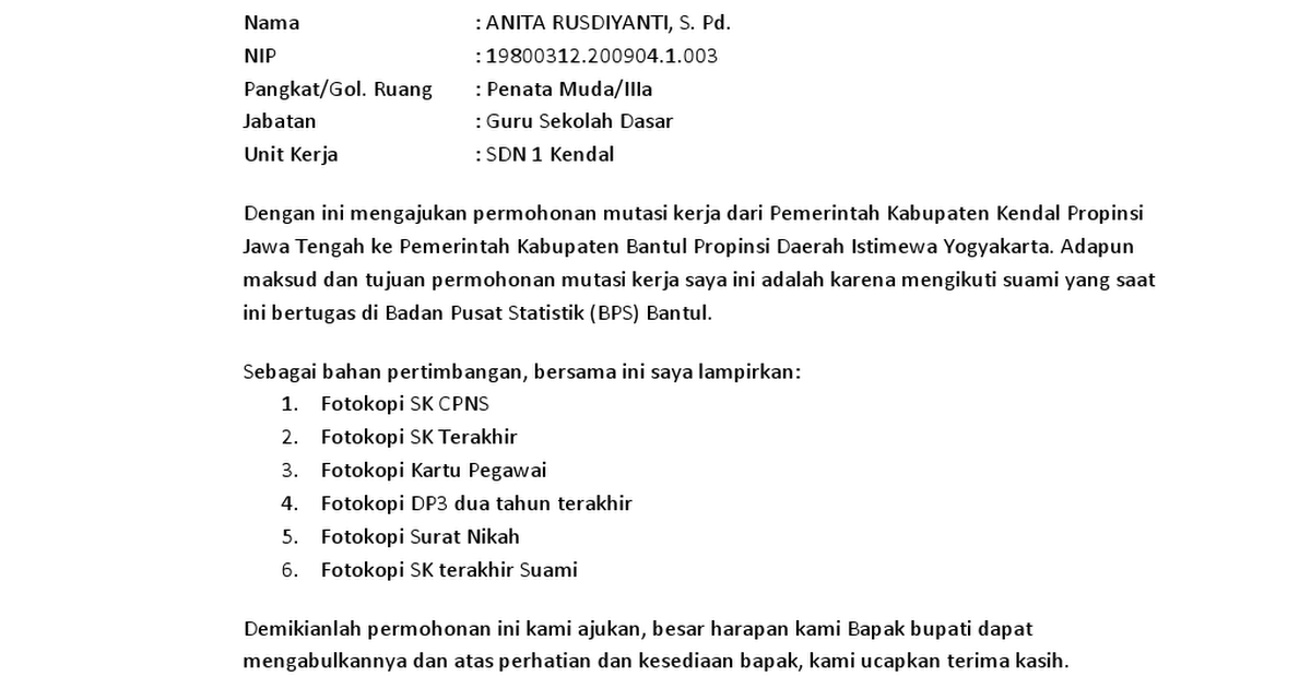 Detail Contoh Surat Permohonan Mutasi Pns Antar Skpd Nomer 34