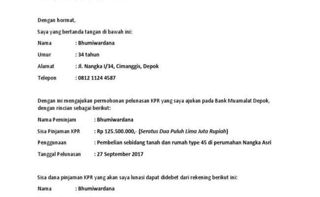 Detail Contoh Surat Permohonan Pelunasan Kpr Nomer 13