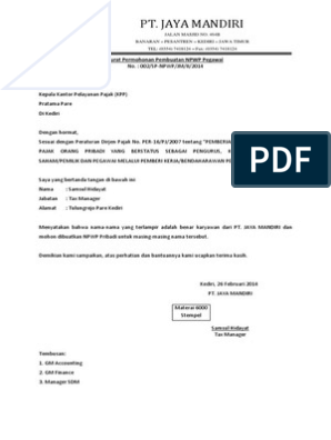 Detail Contoh Surat Permohonan Pembuatan Npwp Pribadi Nomer 2