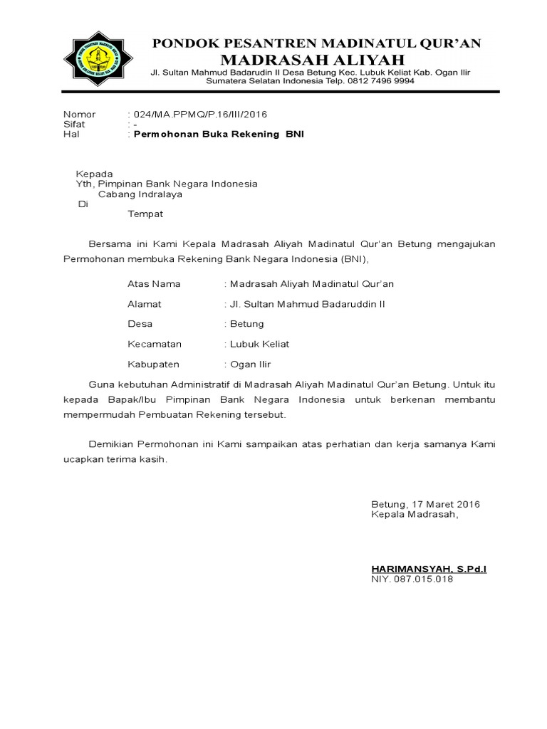 Detail Contoh Surat Permohonan Pembuatan Rekening Nomer 6