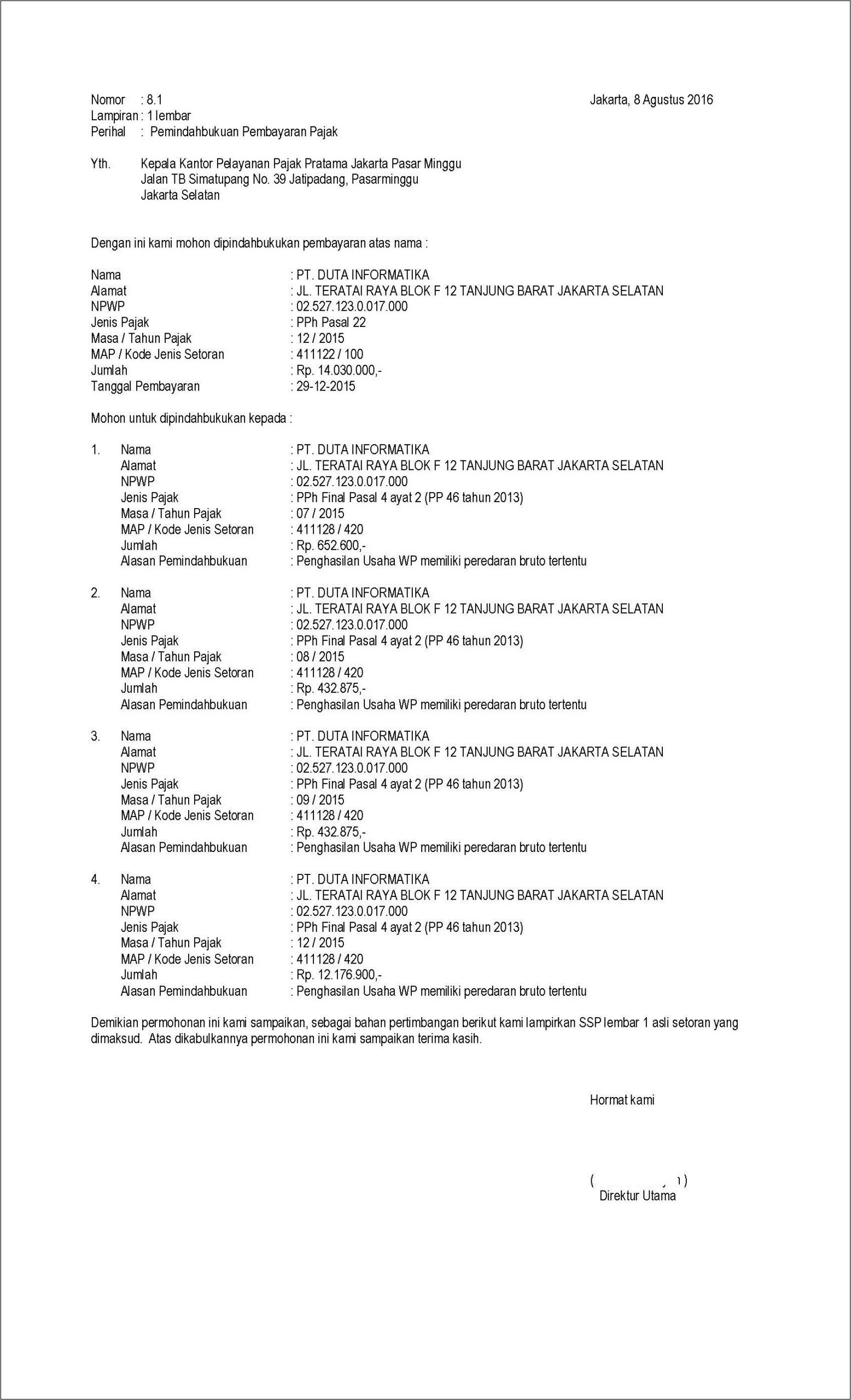 Detail Contoh Surat Permohonan Pemindahbukuan Pajak Nomer 17