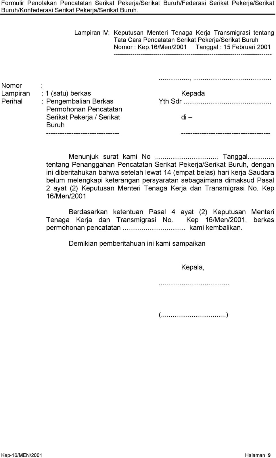 Detail Contoh Surat Permohonan Pencatatan Serikat Pekerja Nomer 15