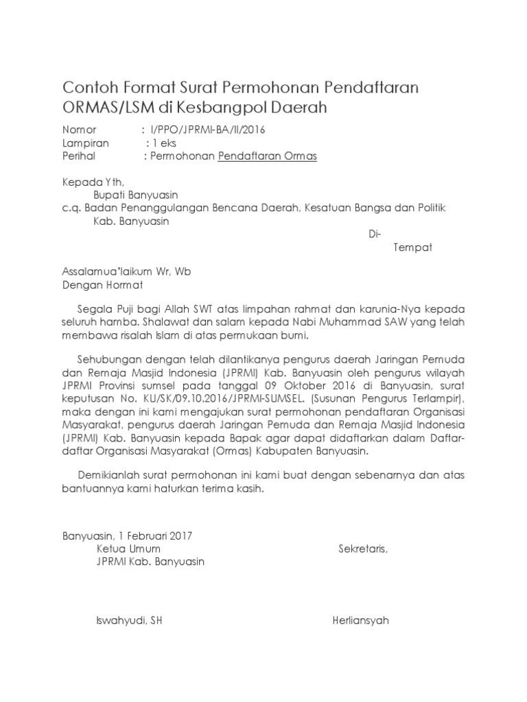 Detail Contoh Surat Permohonan Pendaftaran Organisasi Nomer 2