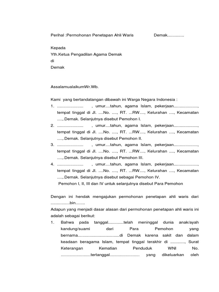 Contoh Surat Permohonan Penetapan Ahli Waris - KibrisPDR