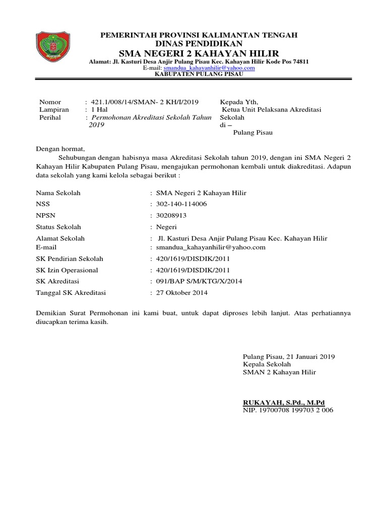 Detail Contoh Surat Permohonan Pengajuan Akreditasi Sekolah Nomer 4