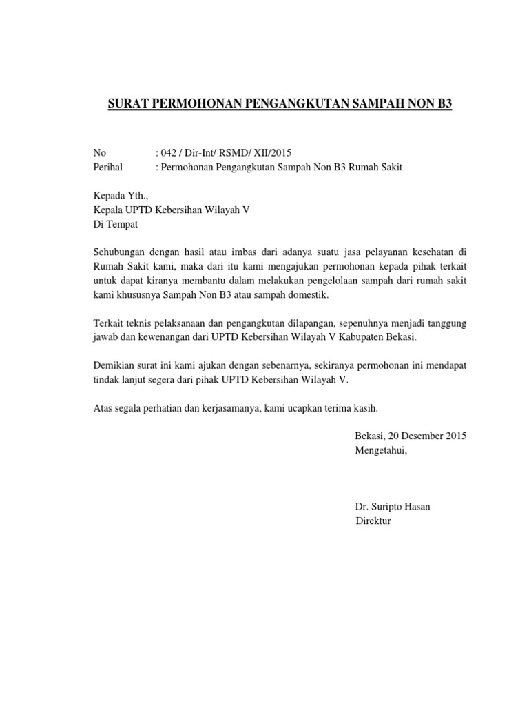 Contoh Surat Permohonan Pengangkutan Sampah - KibrisPDR