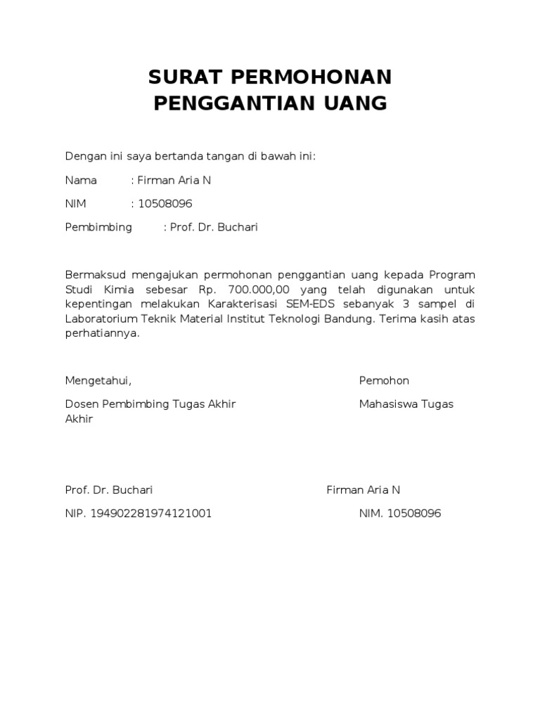 Contoh Surat Permohonan Penggantian Uang - KibrisPDR