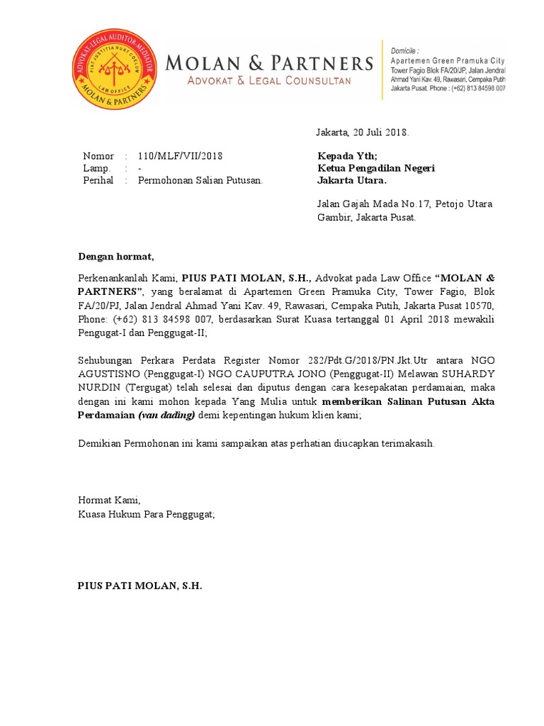 Detail Contoh Surat Permohonan Permintaan Salinan Putusan Nomer 5