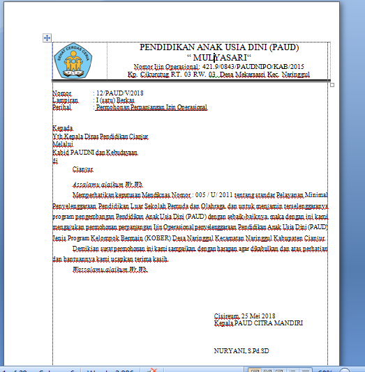 Detail Contoh Surat Permohonan Perpanjangan Izin Operasional Paud Nomer 24