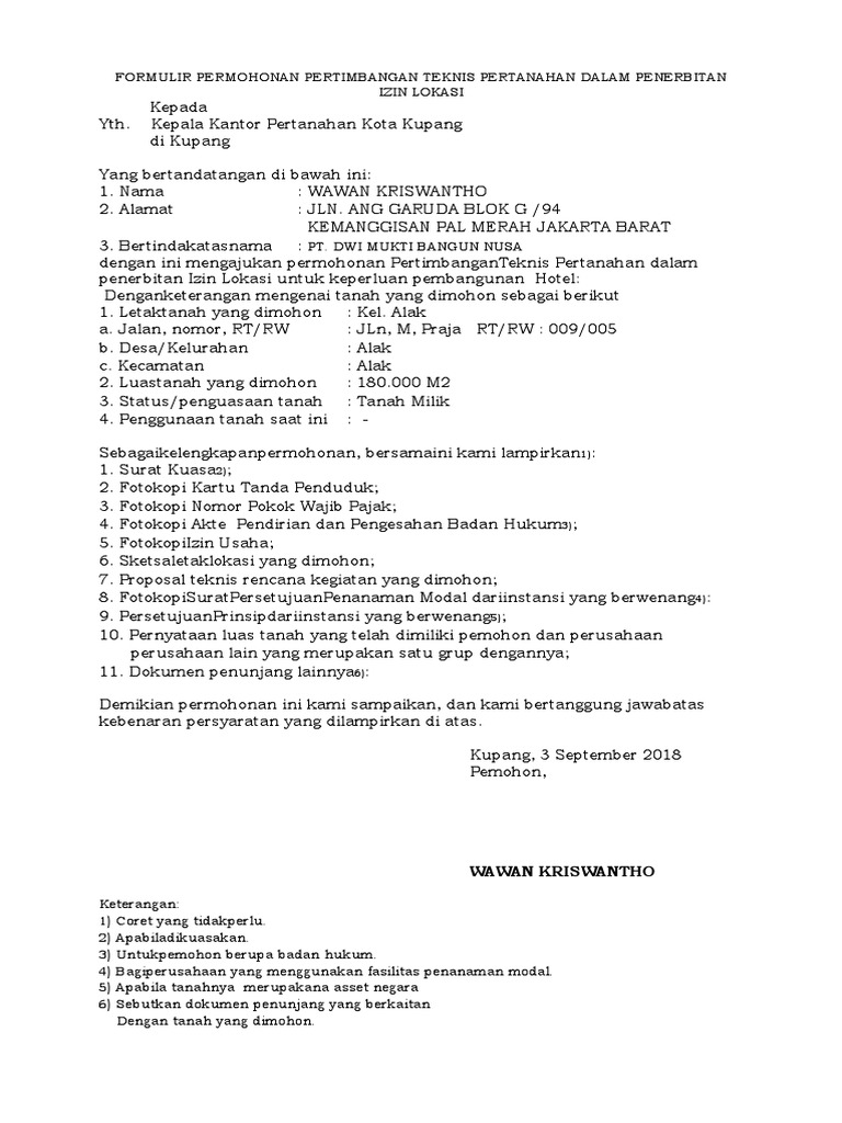 Detail Contoh Surat Permohonan Pertimbangan Teknis Pertanahan Nomer 2