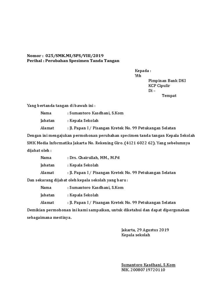 Detail Contoh Surat Permohonan Perubahan Specimen Tanda Tangan Bank Nomer 2