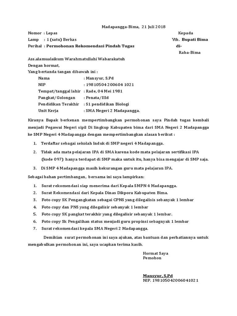 Detail Contoh Surat Permohonan Pindah Tugas Nomer 43