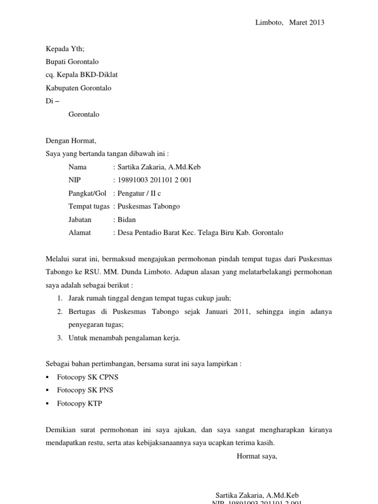 Detail Contoh Surat Permohonan Pindah Tugas Pns Nomer 19