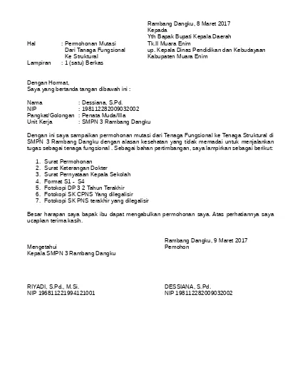 Detail Contoh Surat Permohonan Pindah Tugas Pns Nomer 29