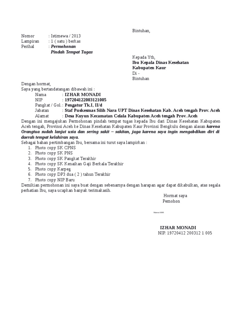Detail Contoh Surat Permohonan Pindah Tugas Pns Nomer 5