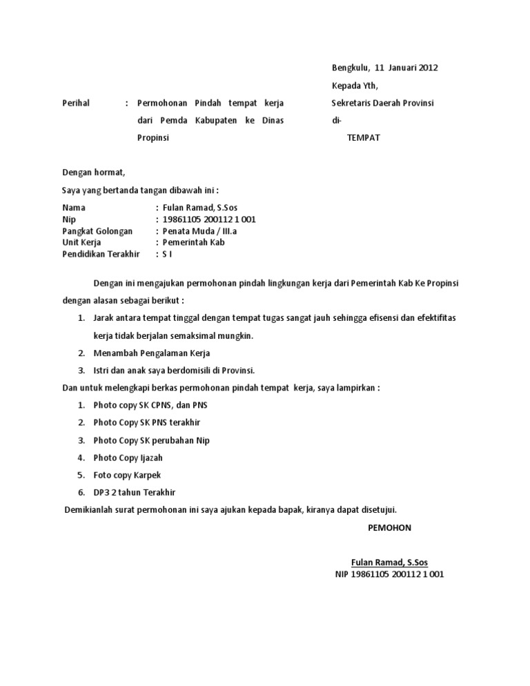 Detail Contoh Surat Permohonan Pindah Tugas Pns Nomer 8