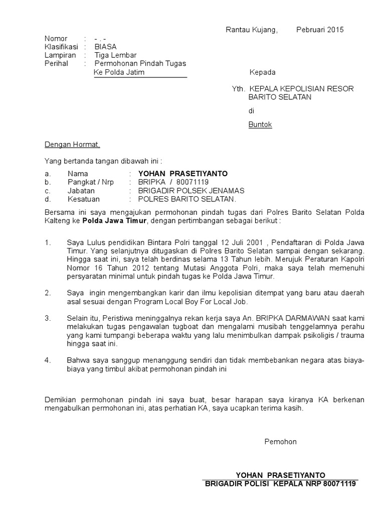 Contoh Surat Permohonan Pindah Tugas Polri - KibrisPDR