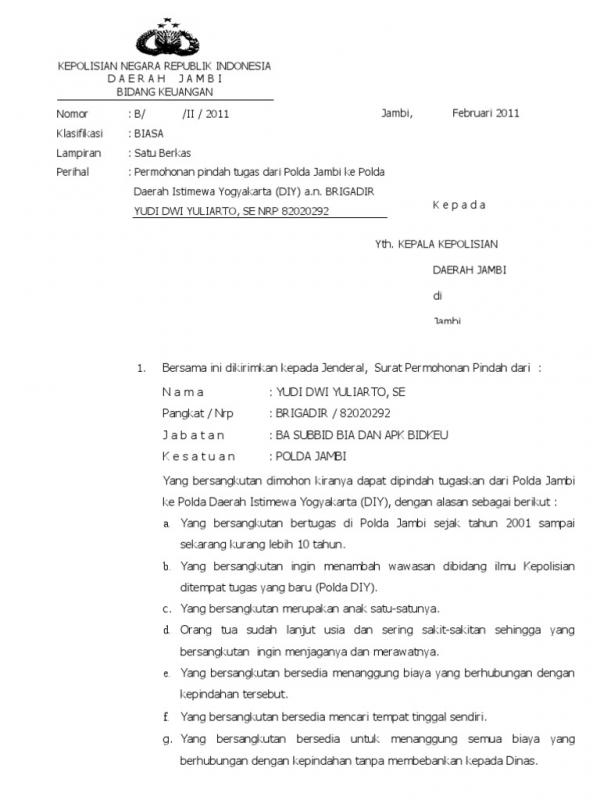Detail Contoh Surat Permohonan Pindah Tugas Polri Nomer 3