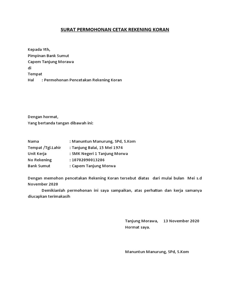 Detail Contoh Surat Permohonan Print Out Rekening Koran Perusahaan Nomer 11