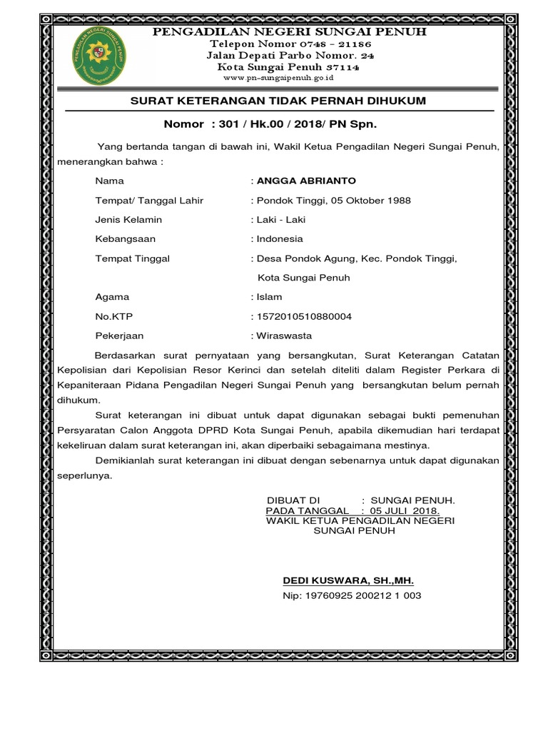 Detail Contoh Surat Permohonan Tidak Pernah Dipidana Nomer 6