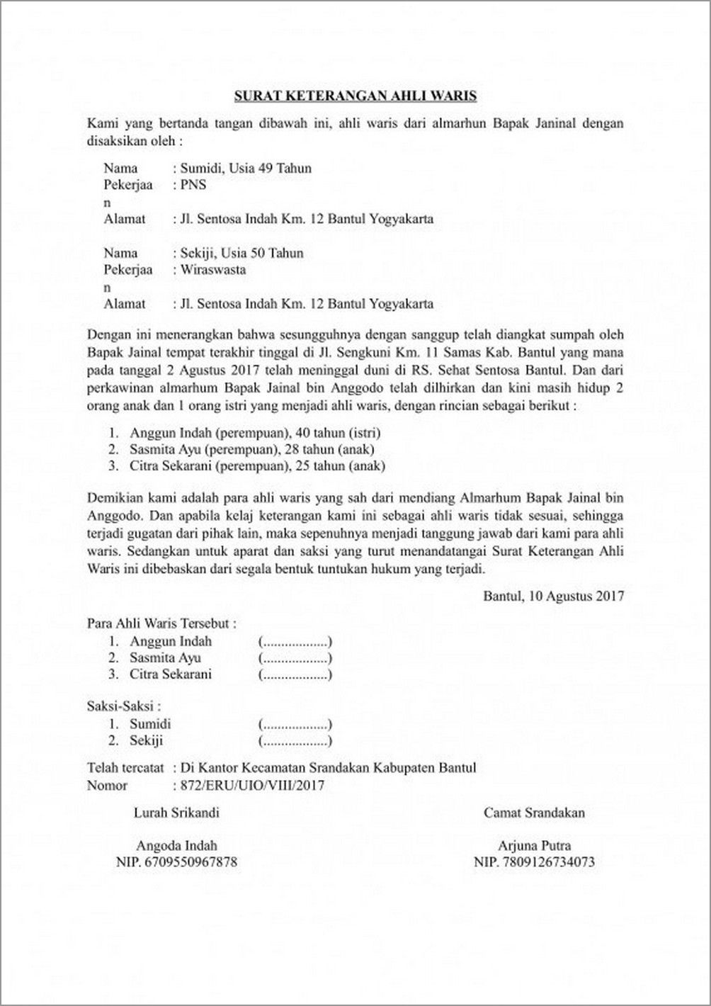 Detail Contoh Surat Pernyataan Ahli Waris 2017 Nomer 6