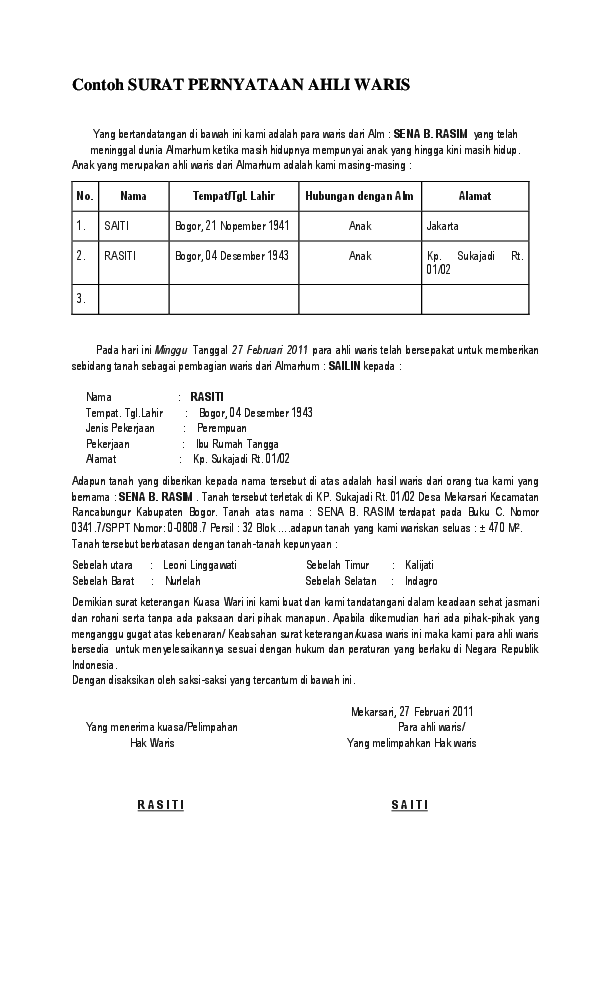 Detail Contoh Surat Pernyataan Ahli Waris Tanah Nomer 13