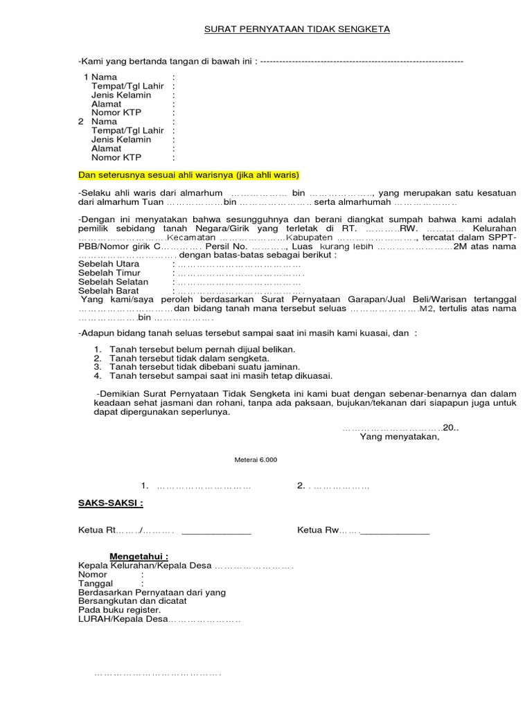 Detail Contoh Surat Pernyataan Ahli Waris Tanah Nomer 26