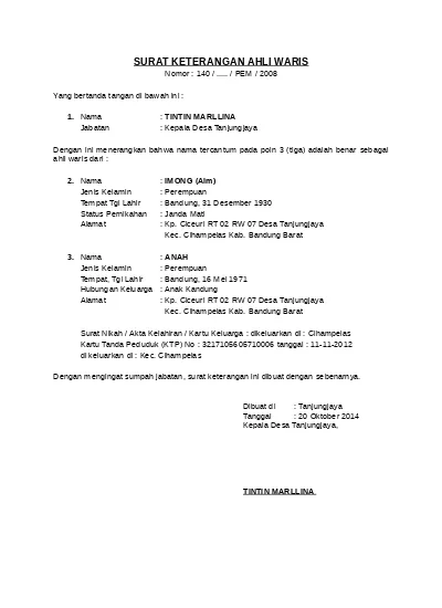 Detail Contoh Surat Pernyataan Ahli Waris Tanah Nomer 31