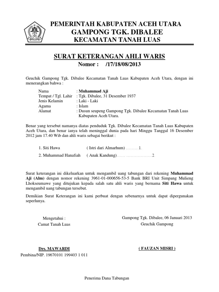 Detail Contoh Surat Pernyataan Ahli Waris Tanah Nomer 33