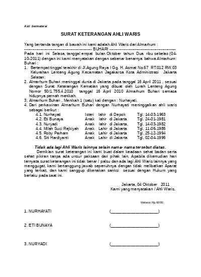 Detail Contoh Surat Pernyataan Ahli Waris Tanah Nomer 5