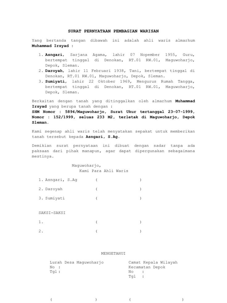 Detail Contoh Surat Pernyataan Ahli Waris Tanah Nomer 42