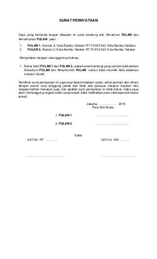 Detail Contoh Surat Pernyataan Ahli Waris Tanah Nomer 47