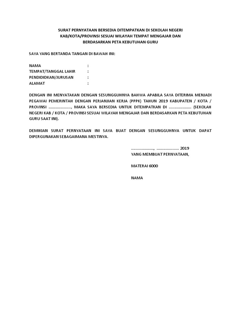 Detail Contoh Surat Pernyataan Bersedia Ditempatkan Di Sekolah Negeri Nomer 2