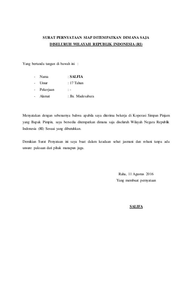 Detail Contoh Surat Pernyataan Bersedia Ditempatkan Di Sekolah Negeri Nomer 16