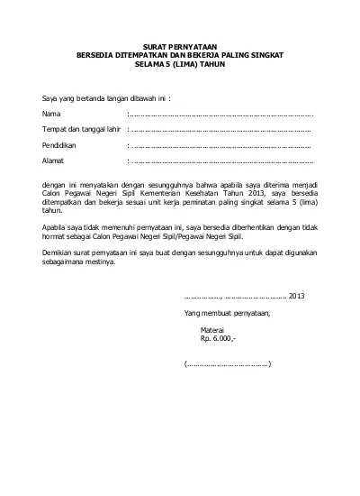 Detail Contoh Surat Pernyataan Bersedia Ditempatkan Di Sekolah Negeri Nomer 20