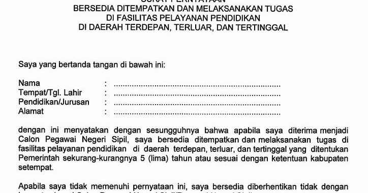 Detail Contoh Surat Pernyataan Bersedia Ditempatkan Di Sekolah Negeri Nomer 29