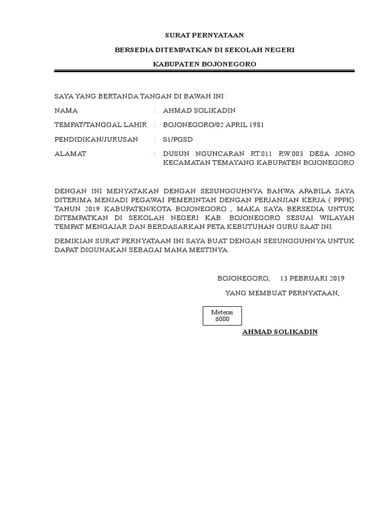 Detail Contoh Surat Pernyataan Bersedia Ditempatkan Di Sekolah Negeri Nomer 7