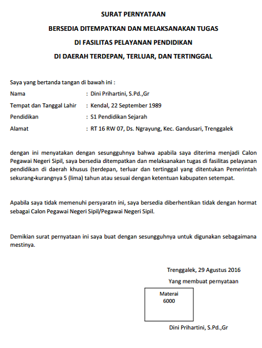Detail Contoh Surat Pernyataan Bersedia Ditempatkan Di Sekolah Negeri Nomer 9